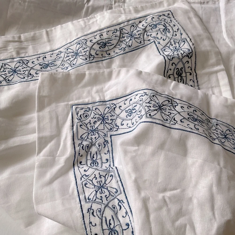 LAURA ASHLEY EUROPEAN PILLOW SHAM LINEN AND COTTON WHITE WITH BLUE EMBROIDERY